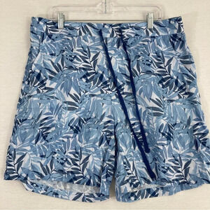 Emily Daniel Blue Leaf Print Drawstring Linen Blend Pull-on Shorts XL